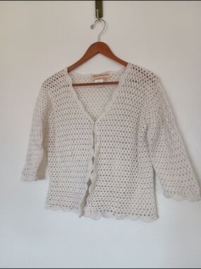 Norm Thompson Linen Cotton White Crocheted V-Neck Cardigan